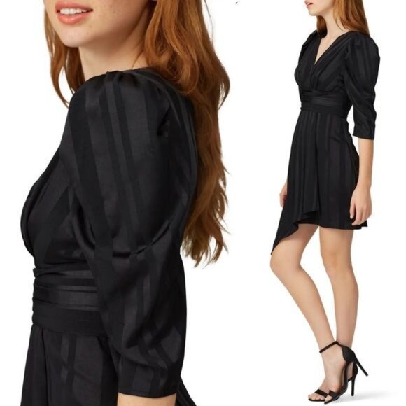 J.O.A Pleated Vneck Mini Dress S Black Jacquard Stripe Ruffle Satin Cocktail - Picture 2 of 9